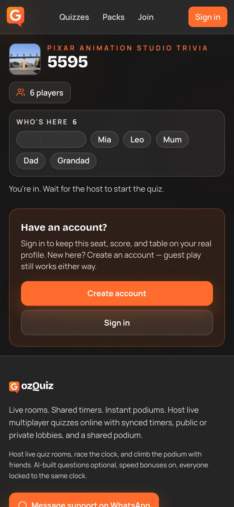 A player’s phone waiting in a GozQuiz lobby.